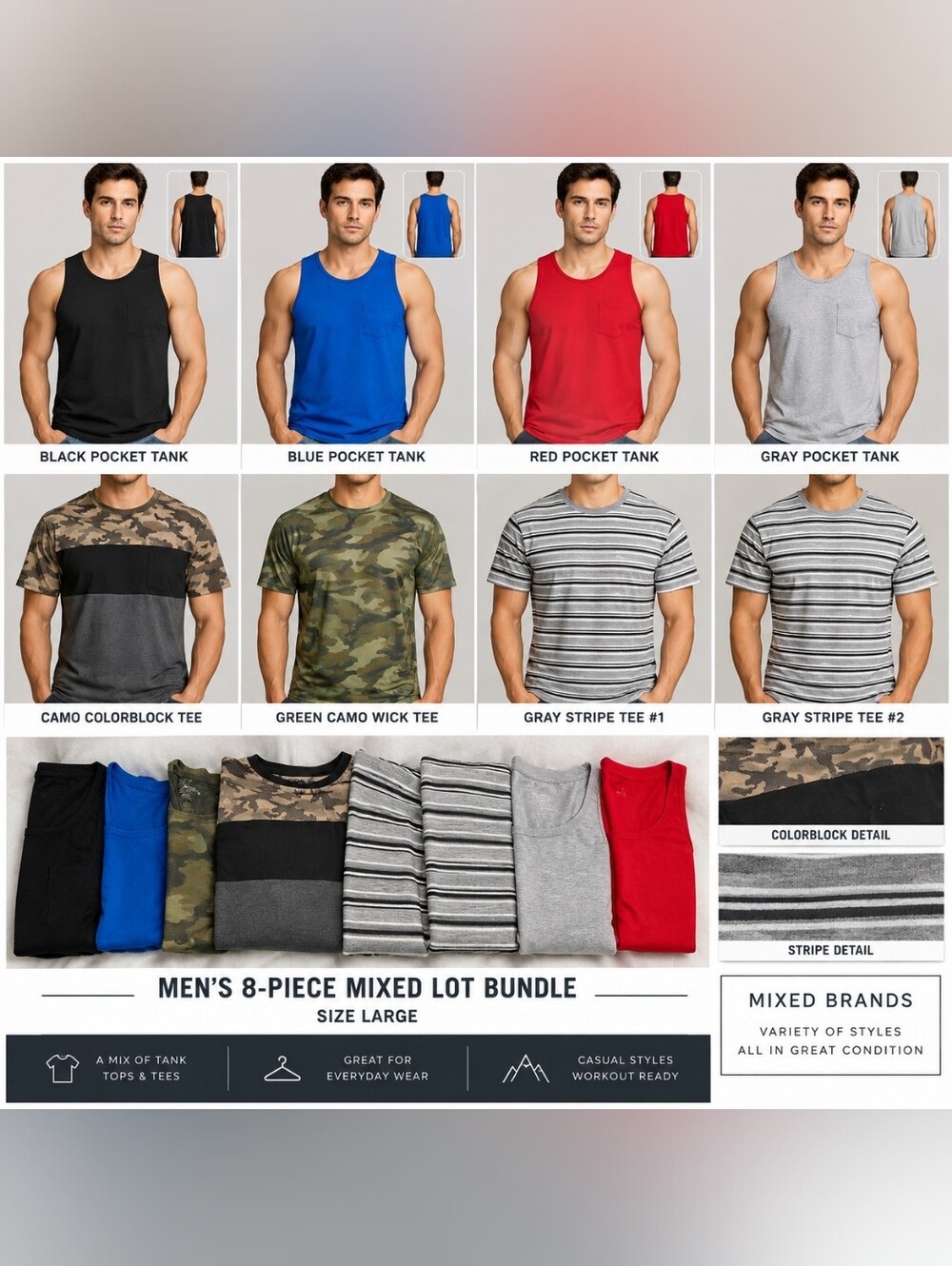 Men’s Large 8-Piece Mixed Brand T-Shirt & Pocket Tank Bundle